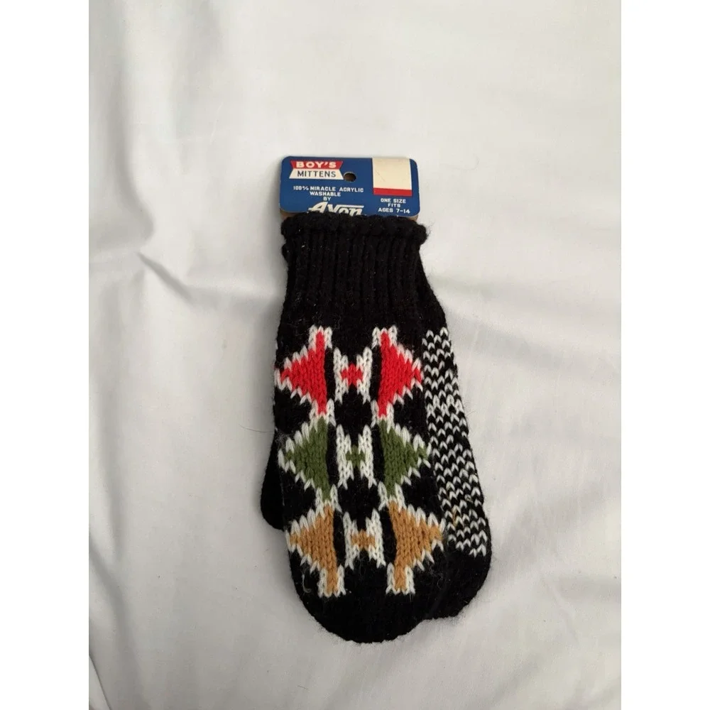 Avon Boys Mittens Black Geometric Pattern Acrylic One Size Ages‎ 7-14